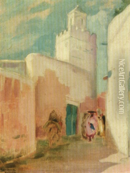 Rue Et Minaret A Kairouan Oil Painting - Julius Rolshoven