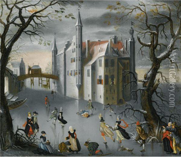 A Winter Landscape With Elegant Figures Skating On A Frozen Moatnear A Castle Oil Painting - David Vinckboons