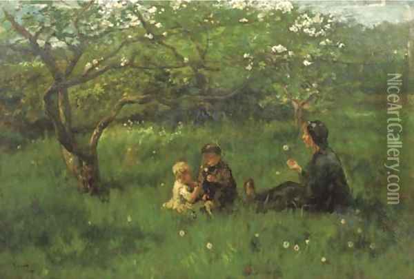 In the orchard blowing dandelions Oil Painting - Jacob Simon Hendrik Kever