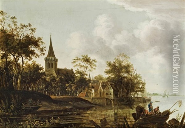 Flusslandschaft Mit Fischern Vor Einem Dorf Oil Painting - Jacob Van Der Croos