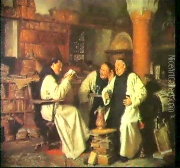 Monche In Der Klosterbibliothek. Oil Painting - Eduard von Gruetzner