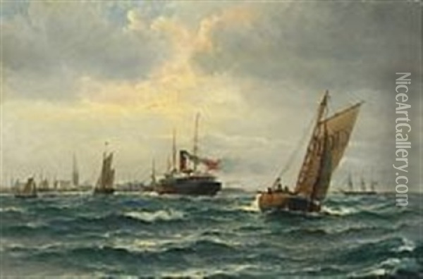 Seascape From The Bay Of Aarhus With Lively Shipping Oil Painting - Vilhelm Victor Bille