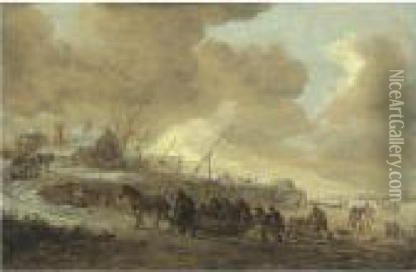 A Frozen River With Horse-drawn Sleds On A Bank, Cottages Beyond Oil Painting - Jan van Goyen