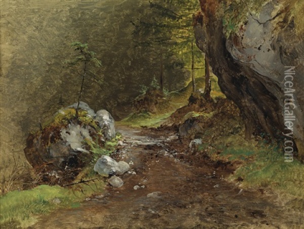 Sonnenbeschienener Waldweg Oil Painting - Friedrich Gauermann