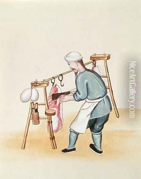 The Meat Seller, from a book on the street calls of Peking, c.1785 Oil Painting - Anonymous Artist