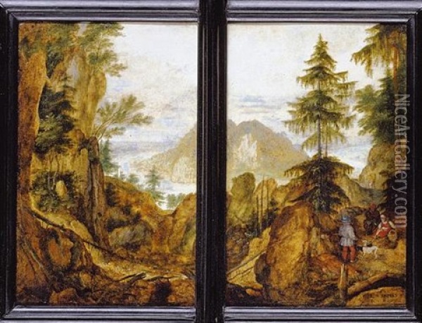 Landscapes With A Hunter And Travellers On An Alpine Pass (pair) Oil Painting - Roelandt Savery