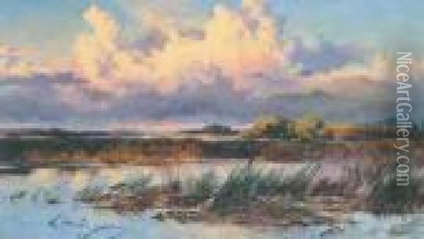 Pond With Reeds In An Extensive Landscape Oil Painting - Keeley Halswelle