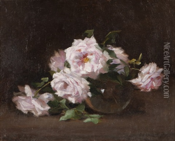 Still Life - Pink Roses In A Vase Oil Painting - Fannie Eliza Duvall