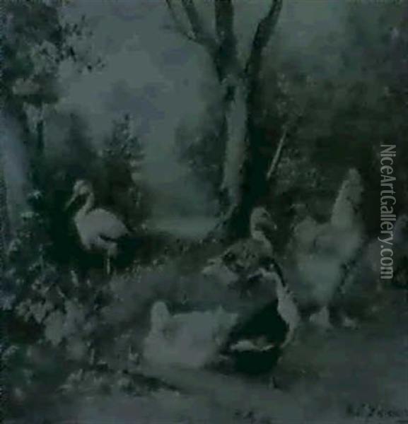 Tierfamilie Mit Hahn Und Zxwei Hennen, Drei Enten           Storch Auf Einem Wiesenstuck Am Bachufer Oil Painting - Julius Scheuerer