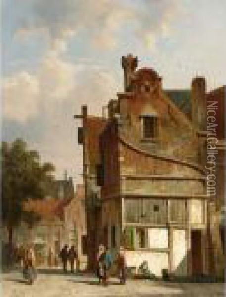 Figures In The Sunlit Streets Of A Dutch Town Oil Painting - Adrianus Eversen