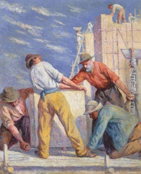 Travailleurs Sur Un Chantier De Constructions Oil Painting - Maximilien Luce