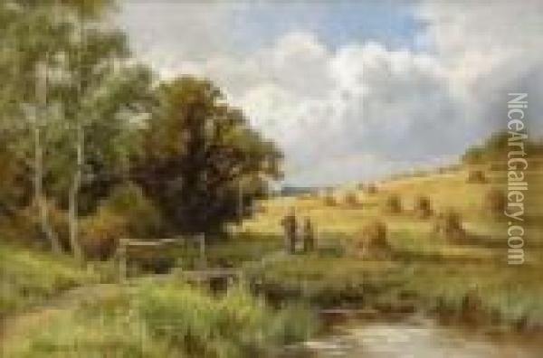 A Summer Landscape With Figures In A Hay Field Oil Painting - Henry Hillier Parker