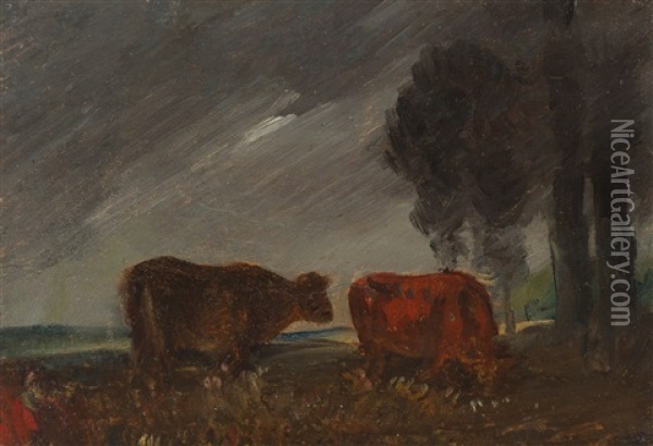 Zwei Kuhe In Einer Landschaft Oil Painting - Wilhelm Busch