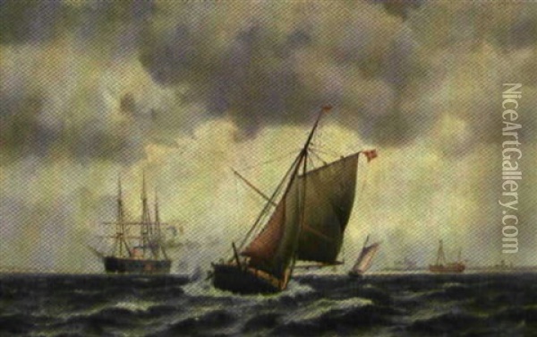 Marine Med Livlig Trafik Ud For Kronborg Oil Painting - Johan Jens Neumann