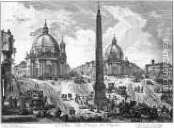 Veduta Della Piazza Del Popolo Oil Painting - Giovanni Battista Piranesi