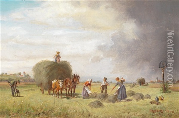 Haymaking With Approaching Storm Oil Painting - Ludwig Mueller-Cornelius