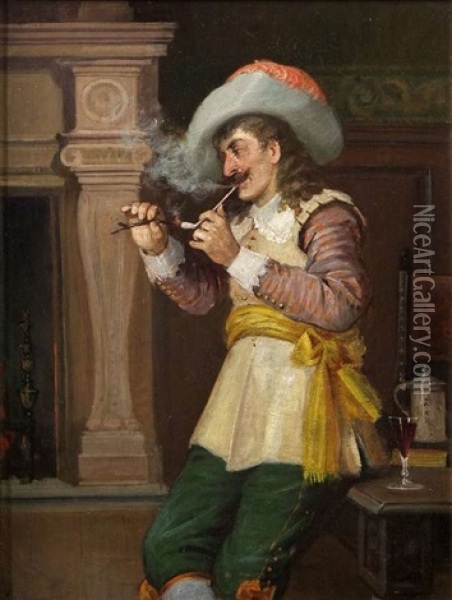 A Quiet Smoke Oil Painting - Edgar Bundy