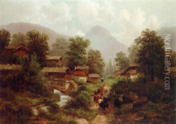 A Peasant Boy And His Cattle Returning Home In An Alpine Village Oil Painting - Albert Lang