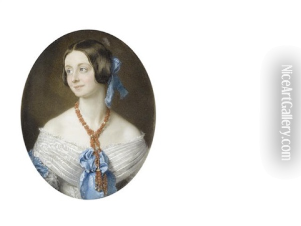 A Lady Called, Mrs Ackland, Wearing White Decollete Dress Finished With Blue Sash Ribbon And Pleated Panels Edged With Lace Trim To Her Bodice, Strands Of Coral And Pearls Suspended From Her Neck Oil Painting - Sir William Charles Ross