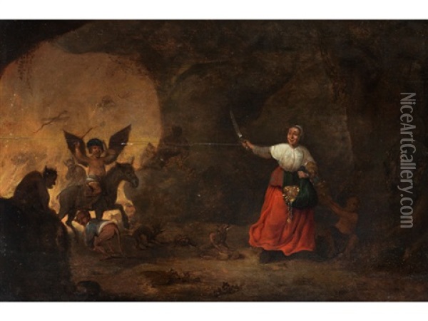 Frau Mit Goldschatz Und Sabel In Einer Rauberhohle Oil Painting - David Teniers the Elder