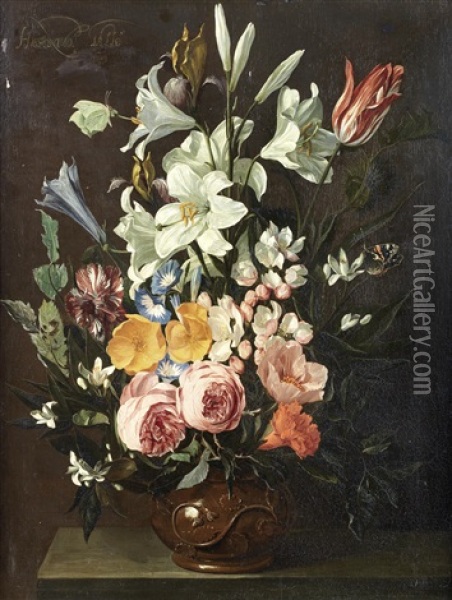 Roses, Lilies, Tulips And Other Flowers In An Earthenware Vase On A Table-top Oil Painting - Hieronymus Galle the Elder