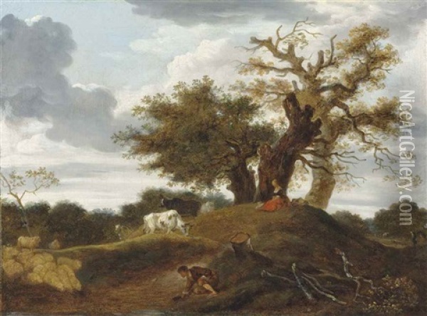 A Wooded Landscape With Figures At The Edge Of A Pond Oil Painting - Jean-Honore Fragonard