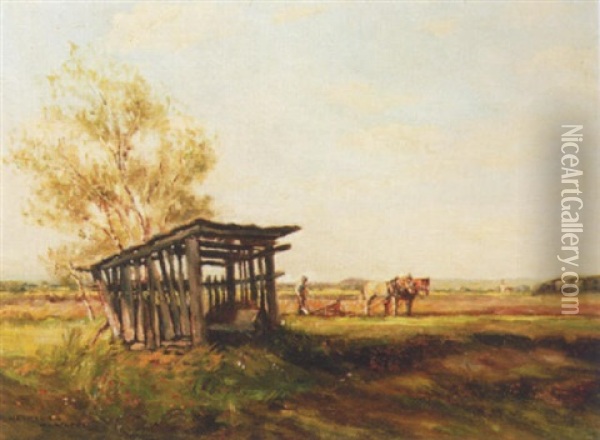 Pflugender Bauer Mit Dorf Im Hintergrund Oil Painting - Ernst Haymann