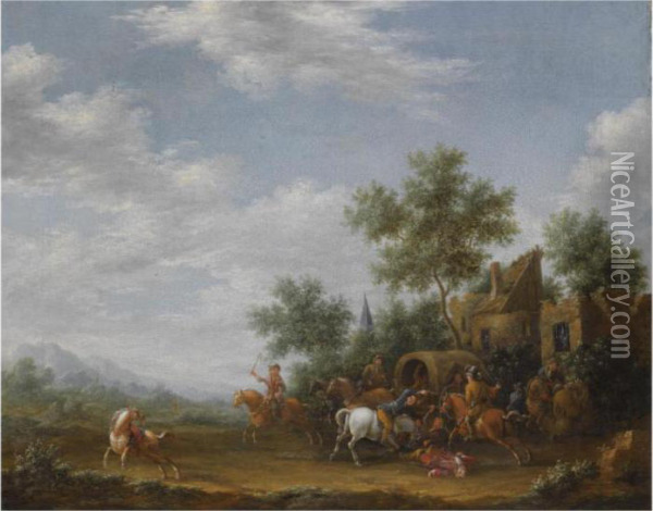 A Landscape With Travellers Being Ambushed Outside A Village Oil Painting - E. Ruytenbach