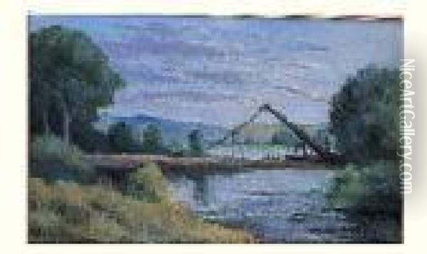 La Roche-guyon, Bords De Riviere, Construction Du Pont, Circa 1933 Oil Painting - Maximilien Luce