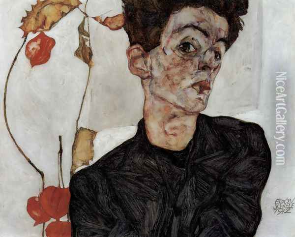 Selfportrait with Chinese lantern fruits Oil Painting - Egon Schiele