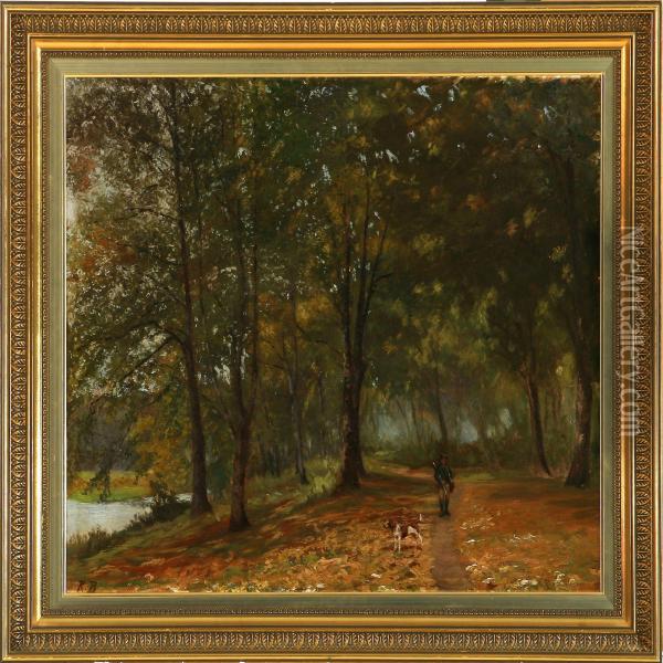 Hunter Walking In Herlufsholm Forest Oil Painting - Rudolf Bertelsen