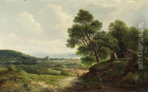 Carl . Wide Bavarian Landscape With A Lake Oil Painting - Karl Lefeubure