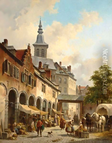 A Busy Market On A Town Square Oil Painting - Jacques Carabain