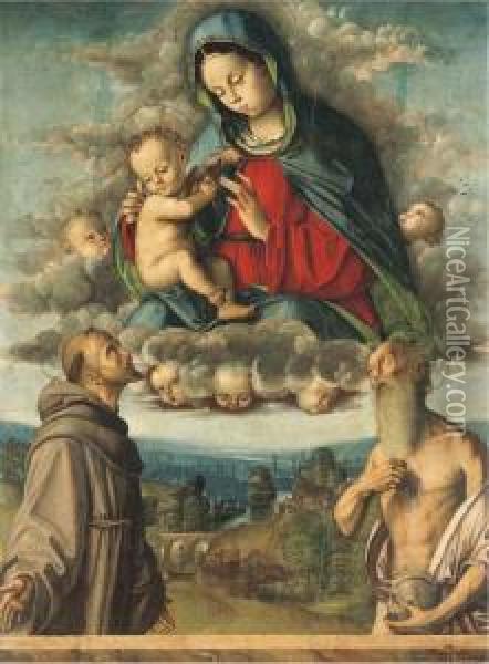 The Madonna And Child Appearing To Saints Francis Of Assisi Andjerome Oil Painting - Francesco Zaganelli