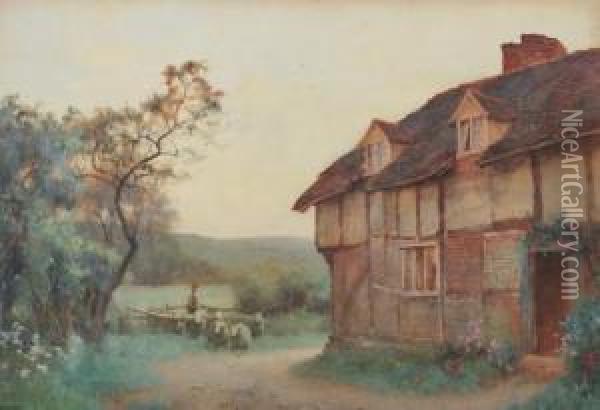 Country Homestead With Sheepfold Oil Painting - Benjamin D. Sigmund