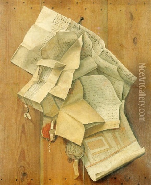 Still Life Of Letters, Seals And Documents Nailed To A Wooden Board Oil Painting - Cornelis Brize