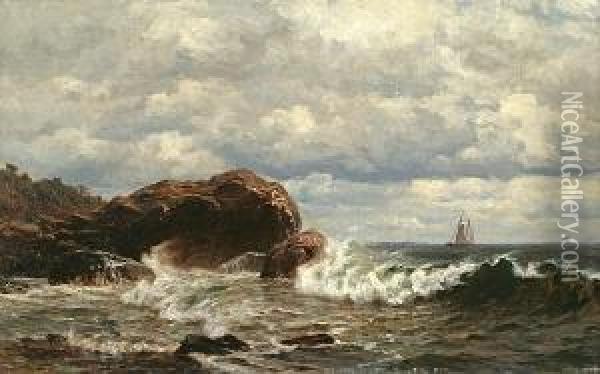 Rocky Coastal Landscape With A Ship In The Distance Oil Painting - James Craig Nicoll