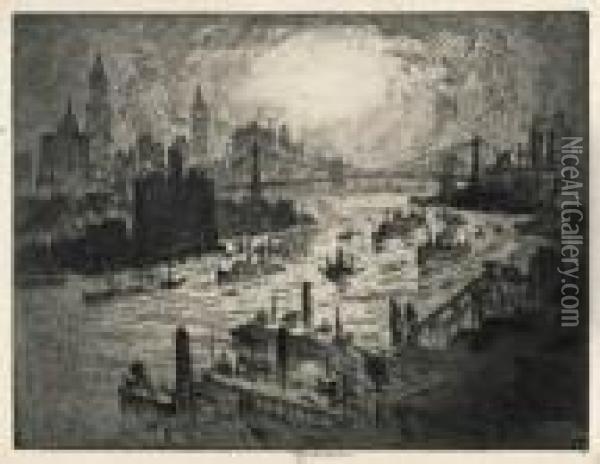 Sunset From The Williamsburg Bridge Oil Painting - Joseph Pennell