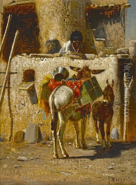 Burros And Indian Child, Pueblo Scene Oil Painting - Peter Moran