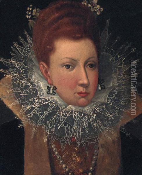 Portrait Of A Lady, Head And Shoulders, Wearing A Lace Ruff Withflowers In Her Hair Oil Painting - Robert Peake