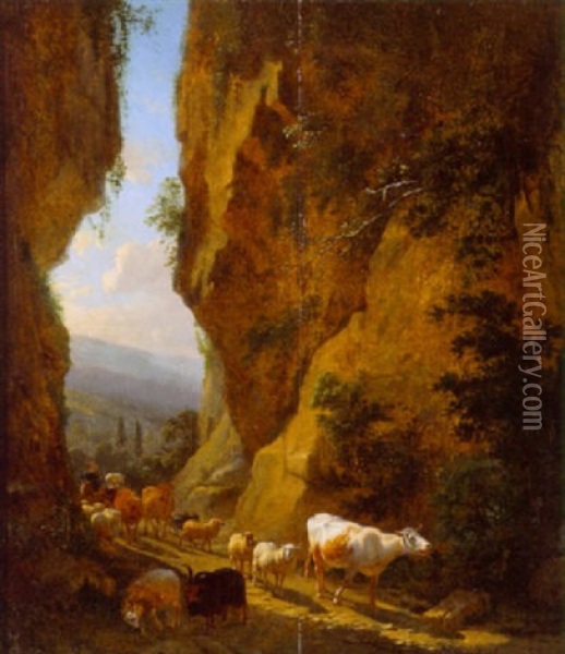 Scene Med Bonder, Der Driver Koer Og Far Gennem Et Bjergpas Oil Painting - Balthasar Paul Ommeganck