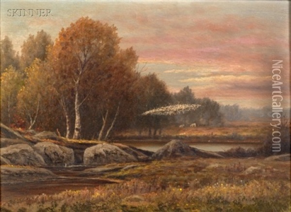 Autumn Landscape With Cattle Grazing In The Distance Oil Painting - Charles Wilson Knapp