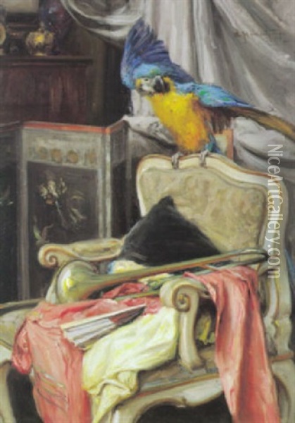 Stilleben Mit Papagei Und Trompete Oil Painting - Alois Hanisch