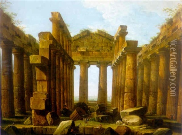 Figures Strolling And Admiring The Temple Of Neptune At Paestum Oil Painting - Antonio Joli
