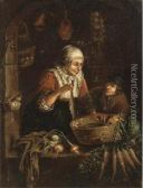 A Woman And A Boy At A Casement With Vegetables Oil Painting - Gerrit Dou