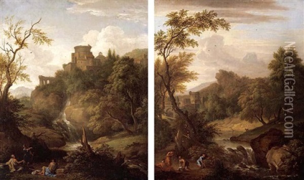 Classical Landscapes With Figures Resting Beside Cascades, Classical Buildings Beyond Oil Painting - Jean Nicolas Servandoni