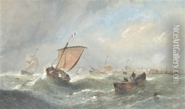 Lug Sail Fishing Boat Running Into Port; Fishing Boats In The Channel (illustrated) (2 Works) Oil Painting - William Callcott Knell