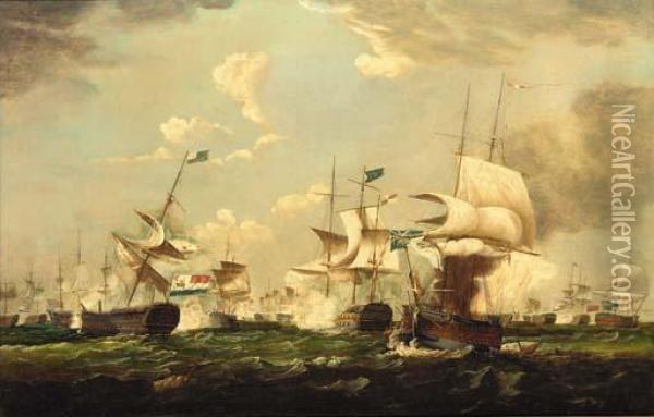 The Battle Of Camperdown, 11 October 1797, At The Height Of The Action Oil Painting - Thomas Whitcombe