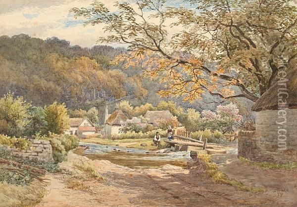 River And Hamlet With Figures By A Footbridge Oil Painting - William Wilde