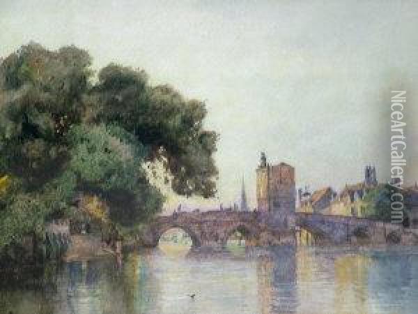 'the Bridge At St Ives Cambridgeshire'; Watercolour, Signed And Dated 1888, 25x37cm Oil Painting - Frederick George Cotman